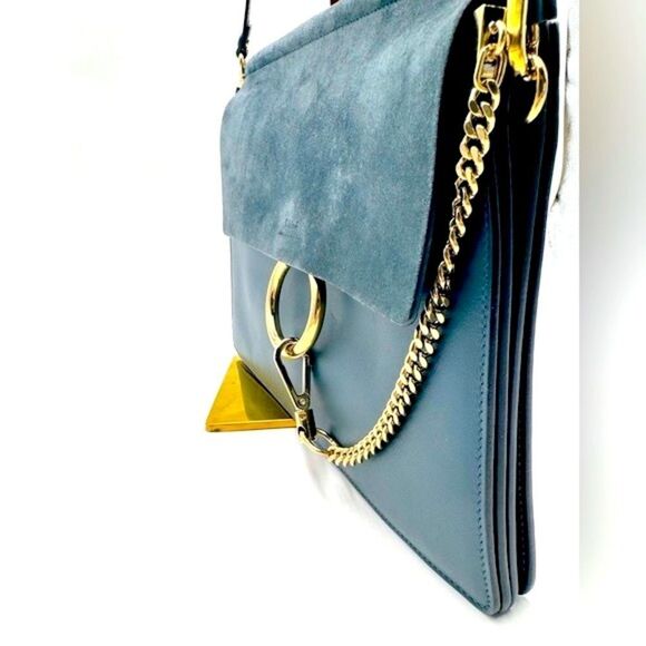 Auth Chloe Medium Cloudy Blue Calfskin Suede Leather Faye Shoulder Bag Clutch - Picture 13 of 16